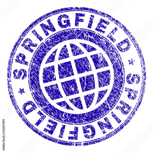 SPRINGFIELD stamp print with distress effect. Blue vector rubber seal print of SPRINGFIELD text with retro texture. Seal has words placed by circle and planet symbol.