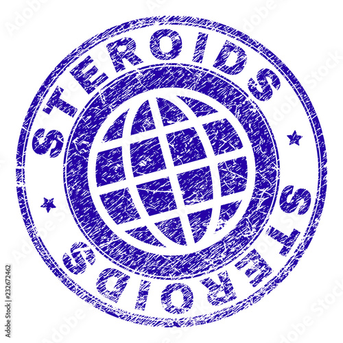 STEROIDS stamp imprint with grunge style. Blue vector rubber seal imprint of STEROIDS title with scratched texture. Seal has words placed by circle and planet symbol.