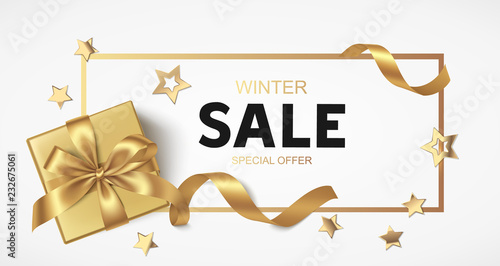 New Year or Christmas Sale design template. Vector illustration. Winter background with decorative gift box and golden stars