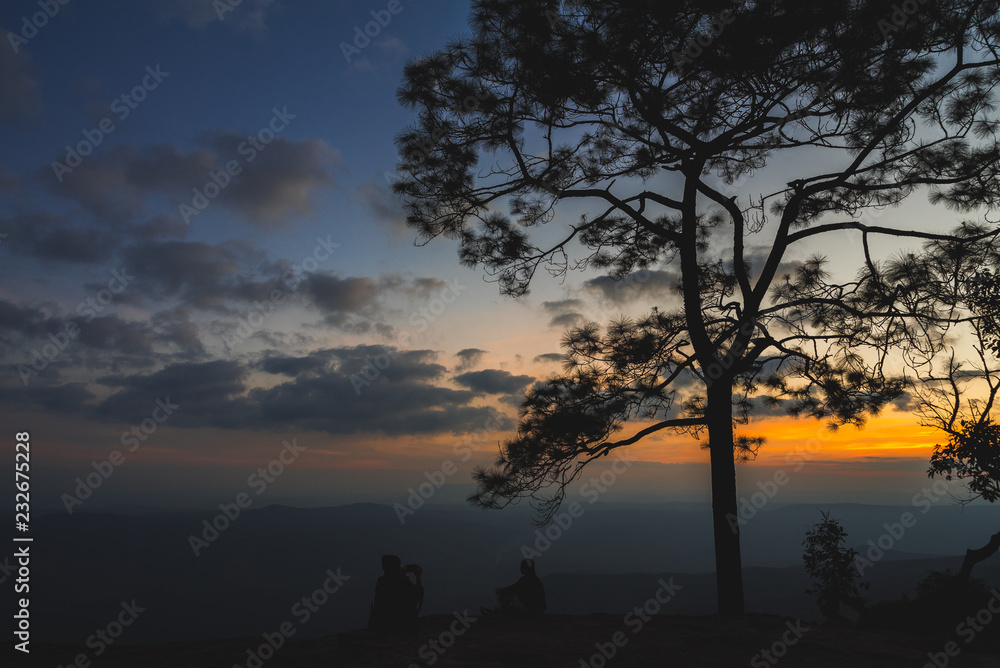 Sunset at Loei Province, Phu Kradueng National Park Thailand. Landscape view from mountain.