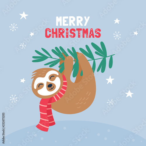 Cute sloth character Christmas card.