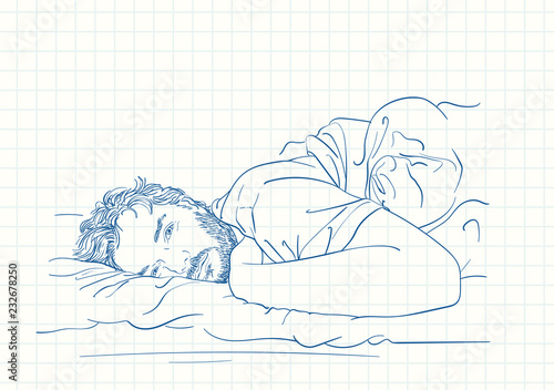 Lonesome bearded man laying in bed with sleepy open eyes, Blue pen sketch on square grid notebook page, Hand drawn vector illustration