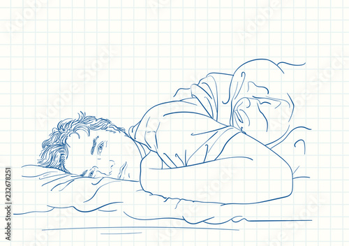 Lonesome man laying in bed with sleepy open eyes, Blue pen sketch on square grid notebook page, Hand drawn vector illustration