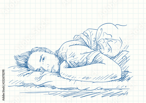 Lonesome man laying in bed with sleepy open eyes, Blue pen sketch on square grid notebook page, Hand drawn vector illustration with cross hatching