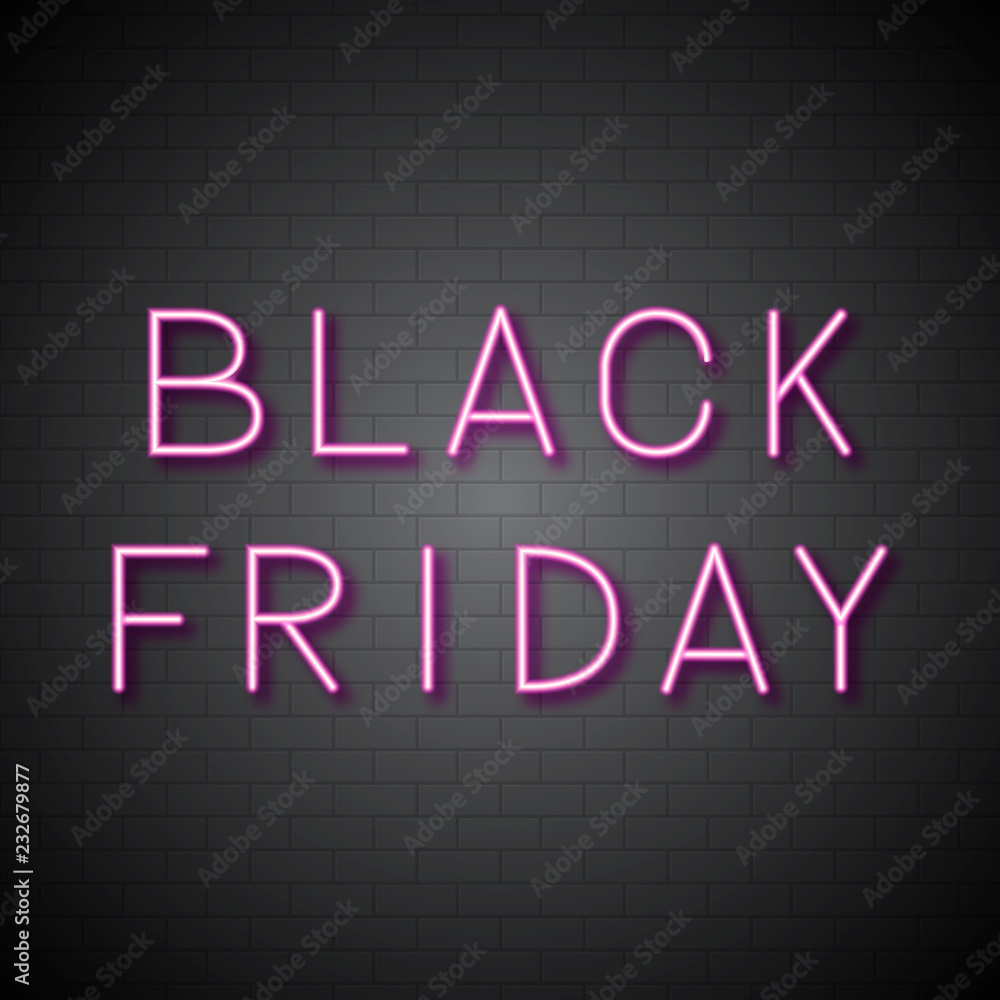 Black Friday hot pink retro neon sign on brick wall background. Shopping concept vector illustration. Seasonal sale banner. Black Friday hot pink retro neon sign on brick wall background. Shopping concept vector illustration. Seasonal sale banner.