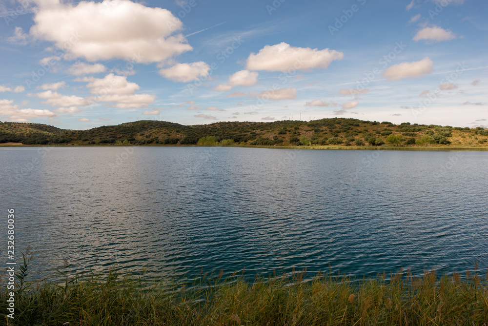 The ruidera lagoons on the route of Quixote with a blue sky