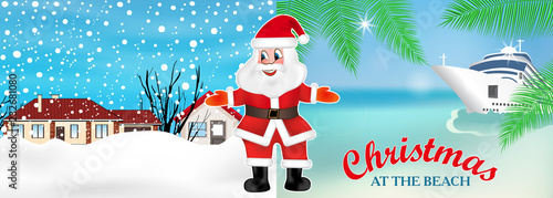 Santa Claus invites from winter to summer to celebrate Christmas on the beach. New Year cruis. Vector illustration.