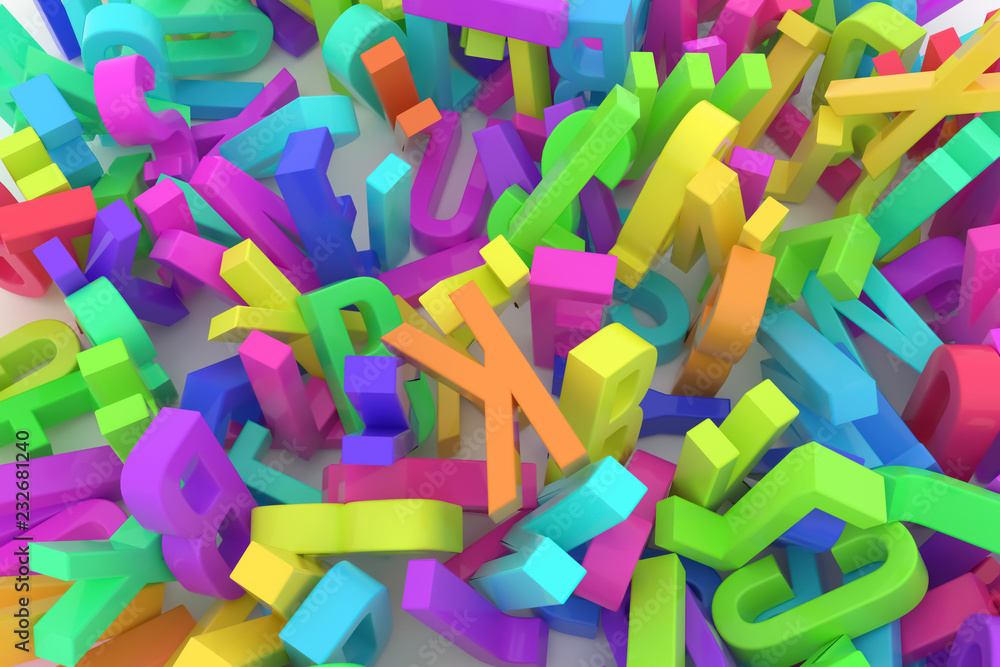 Fototapeta premium CGI typography, letter of ABC, alphabet for design texture, background. Modeling, pile, graphic & style.