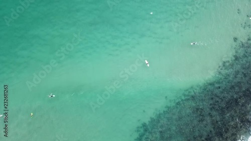 a surfer paddles into the water as a bird flys in the shot