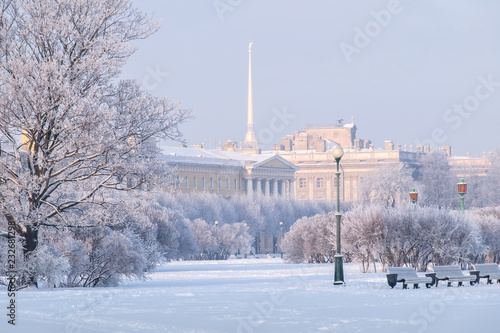 Russian Winter. Mars Field in St. Petersburg on a sunny, frosty day. Frost on the trees. View of the Peter and Paul Fortress.