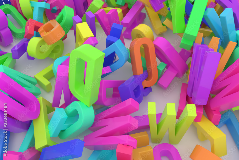 Fototapeta premium Decorative, illustrations CGI typography, alphabet, letter of ABC. Good for design texture, background. Abstract, graphic, stack & digital.