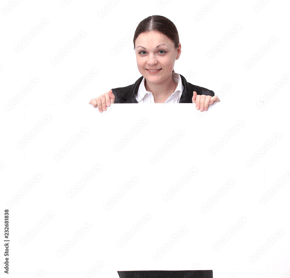young woman employee of the company holding a blank banner young woman employee of the company holding a blank banner