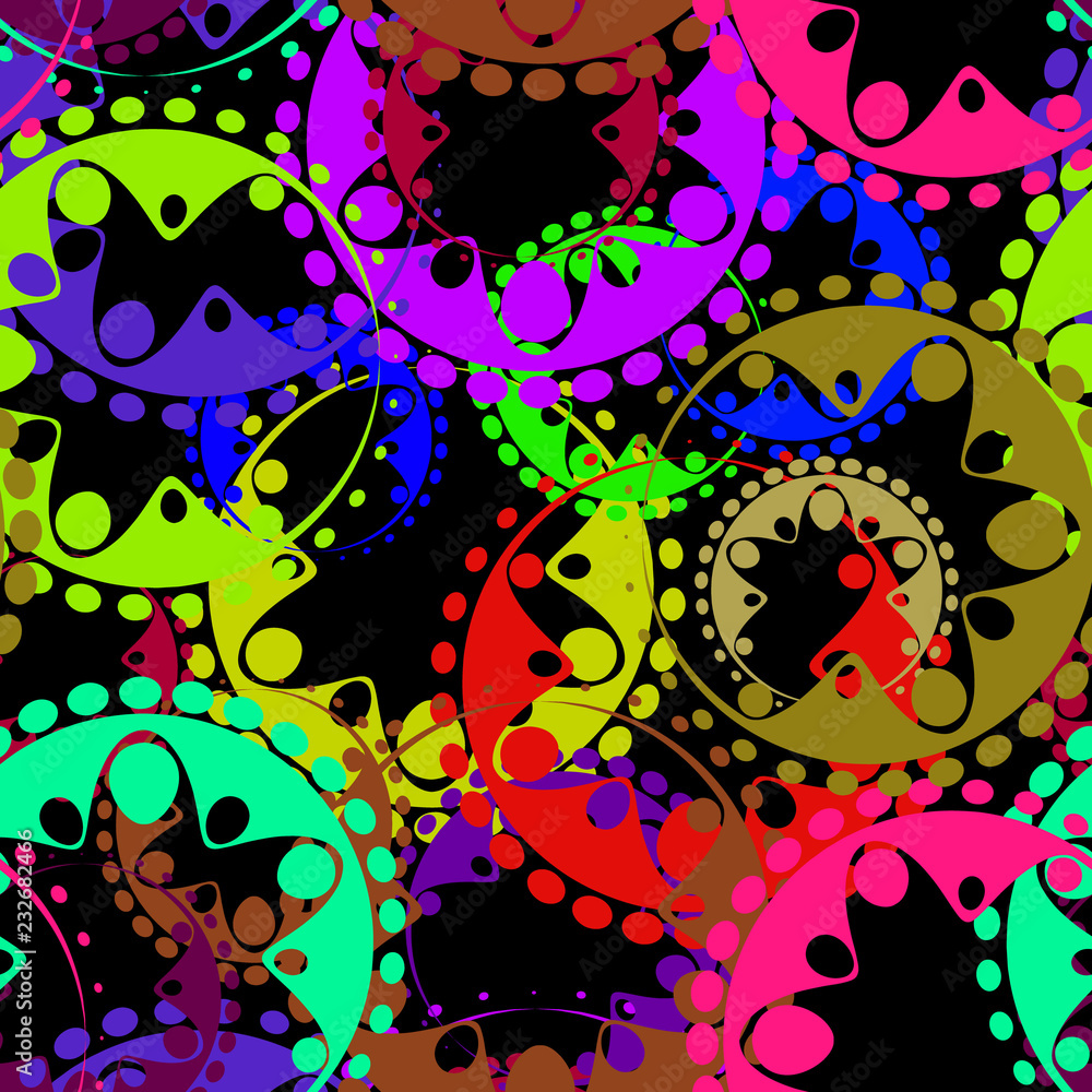 Vector seamless texture of bright purple and blue gears and laur
