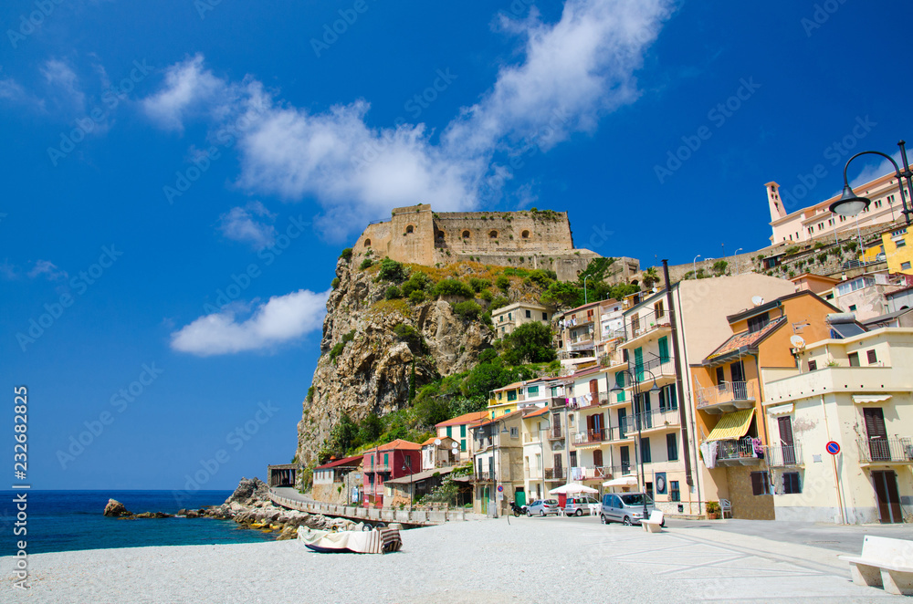 Beautiful town Scilla with medieval castle on rock, Calabria, Italy