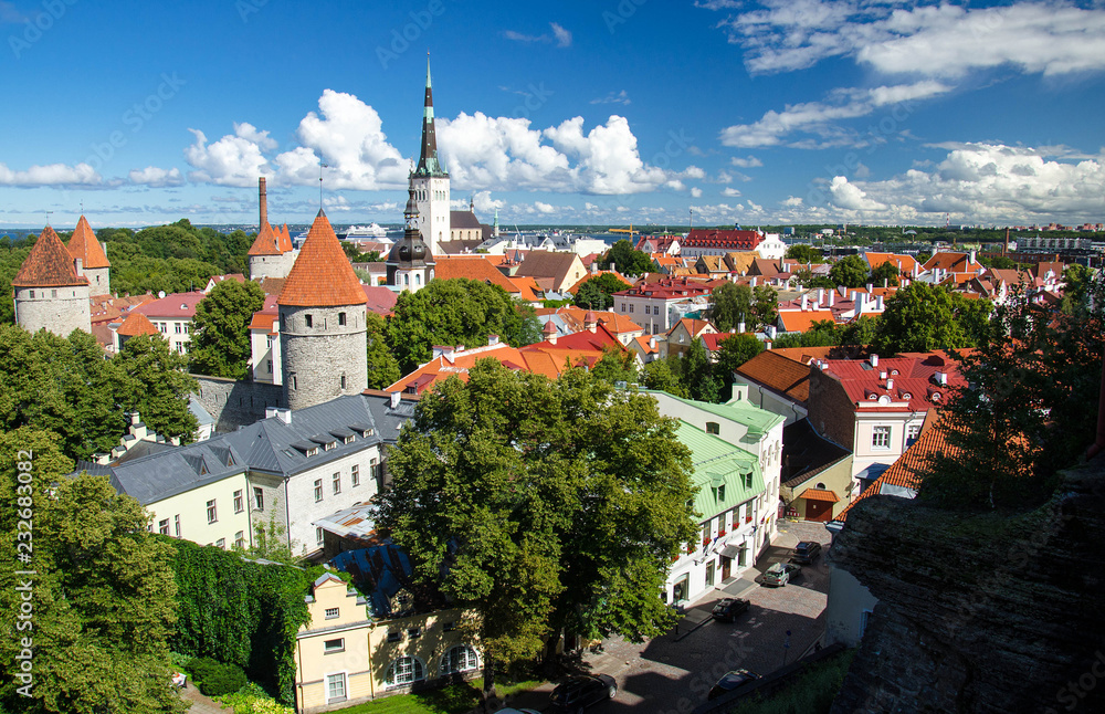 Panoramic view of Old Town Tallinn with towers and walls, Estonia