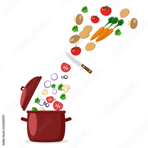 Pan and the chopped vegetables. On white background.