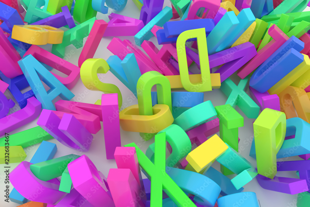 Fototapeta premium Abstract CGI typography, alphabet, letter of ABC. Wallpaper for graphic design. Education, communication, title & background.