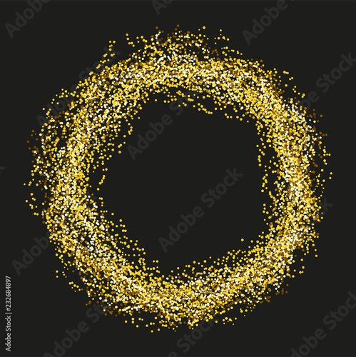 Gold sparkles and glitter powder spray frame. Sparkling glitter particles explosion on vector black transparent background. Golden round frame or luxury fireworks and confetti outburst