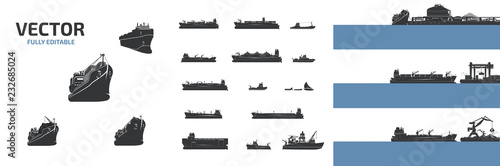Vector large cargo ships and boats of various types new.