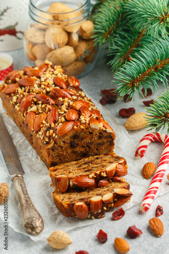 Fruitcake. Traditional Christmas cake with almonds, dried cranberries, cinnamon, cardamom, anise, cloves. New year