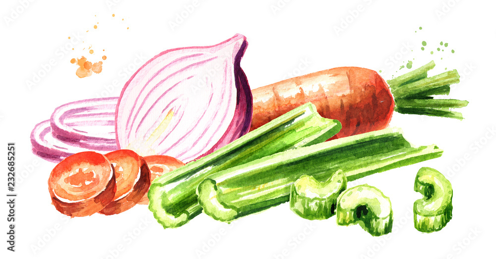 Onions, celery and carrots composition. Soffritto or Mirepoix