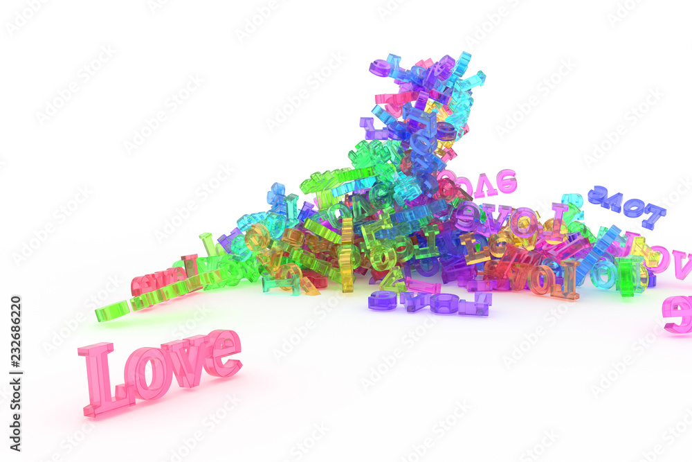 CGI typography, bunch of word love for design texture, background. Plastic, pattern, 3d & artwork.