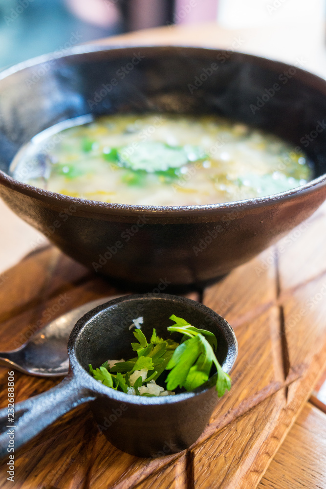 Close-up view of Georgian Mutton Soup. Close-up view of Georgian Mutton Soup.