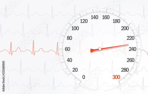 High rate of blood pressure on the background of cardiogram lines, vector image