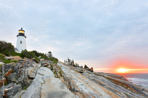 Pemaquid Point Lighthouse at sunrise, Bristol Maine, USA.