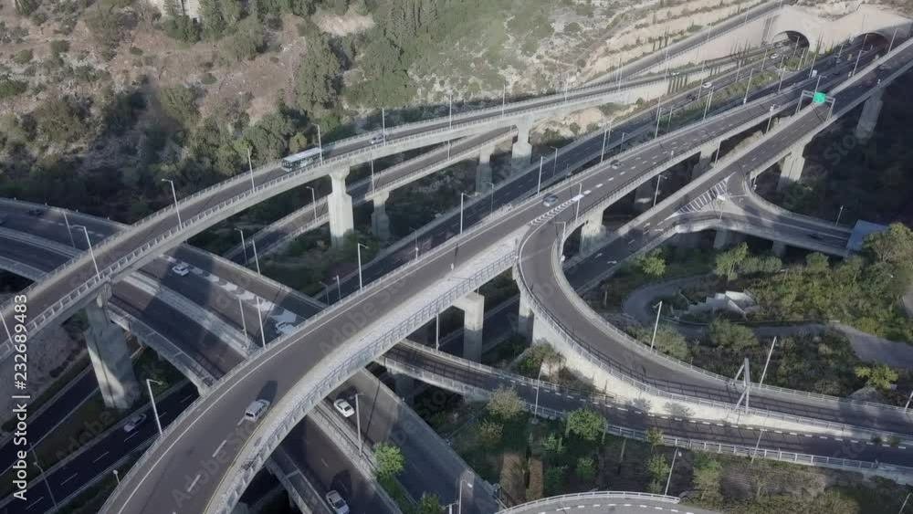 Multi level Highway interchange with traffic on all levels - Aerial footage Multi level Highway interchange with traffic on all levels - Aerial footage