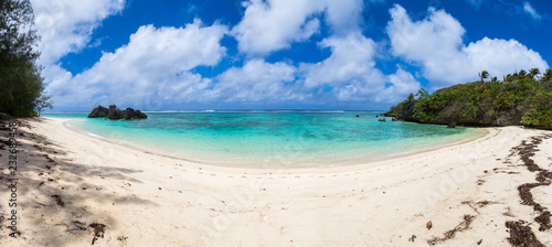 Toataratara Point. View of yellow white sandy tropical beach in a secluded  bay. Rurutu island, Austral islands (Tubuai islands), French Polynesia, Oceania, South Pacific Ocean. Tahiti and her islands photo