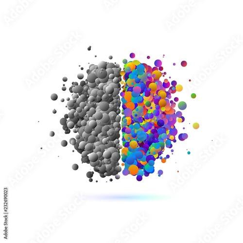 Brainstorm power thinking. Abstract brain logo with colorful 3d bubbles right part and monochrome left part . Visual logotype of human mind isolated vector illustration eps10