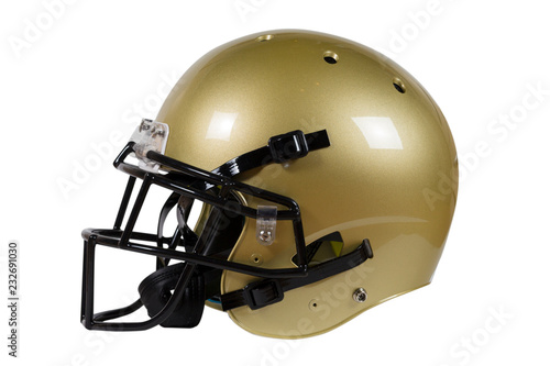 Side view of Vegas Gold American football helmet isolated on white with clipping path