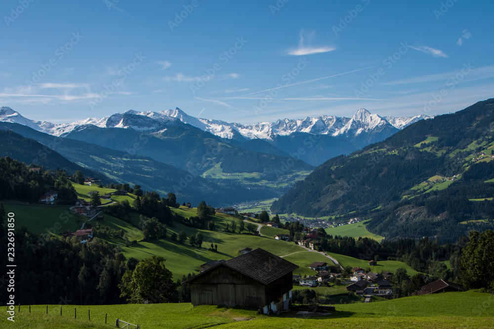View into the beautiful Zillertal from the mountain road View into the beautiful Zillertal from the mountain road