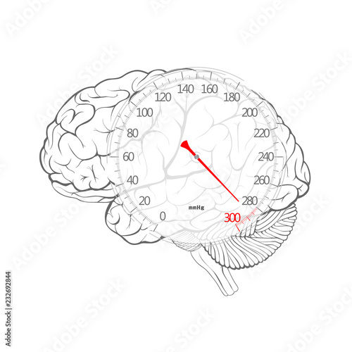 Red arrow of blood pressure dial on the brain, vector image