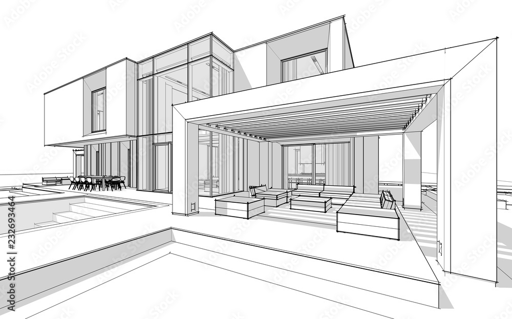 3d rendering sketch of modern cozy house by the river with garage for sale or rent. Black line sketch with soft light shadows on white background 3d rendering sketch of modern cozy house by the river with garage for sale or rent. Black line sketch with soft light shadows on white background