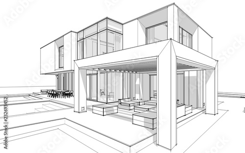 3d rendering sketch of modern cozy house by the river with garage for sale or rent. Black line sketch with soft light shadows on white background