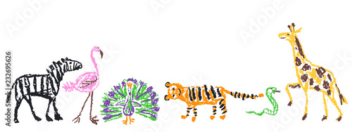 Wild animals set. Crayon like kid`s hand drawn giraffe, tiger, flamingo, snake, peacock, zebra, isolated on white. Child`s drawn stroke colorful pastel chalk or pencil vector art. Doodle funny style
