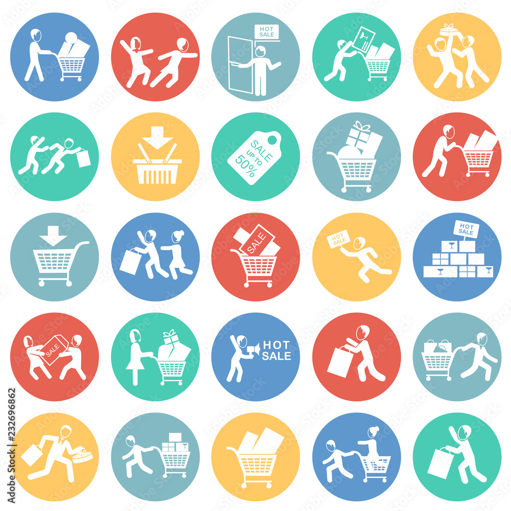 Fototapeta premium Black friday rush set on color circles background icons