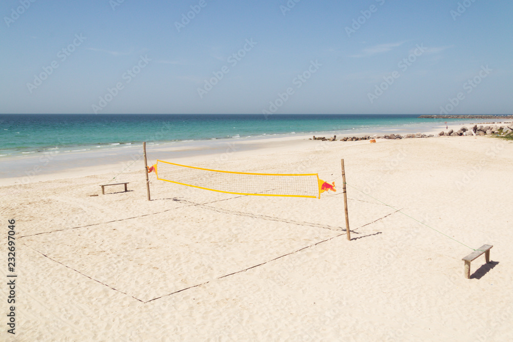 Empty beach volleyball court ready to play game. Beach volleyball court
