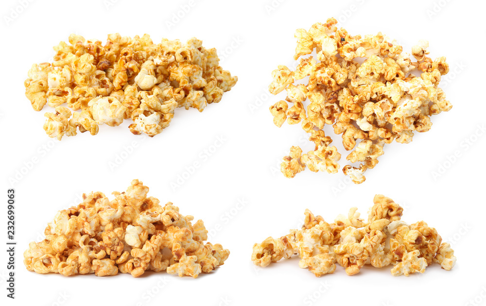 Set with tasty caramel popcorn on white background Set with tasty caramel popcorn on white background