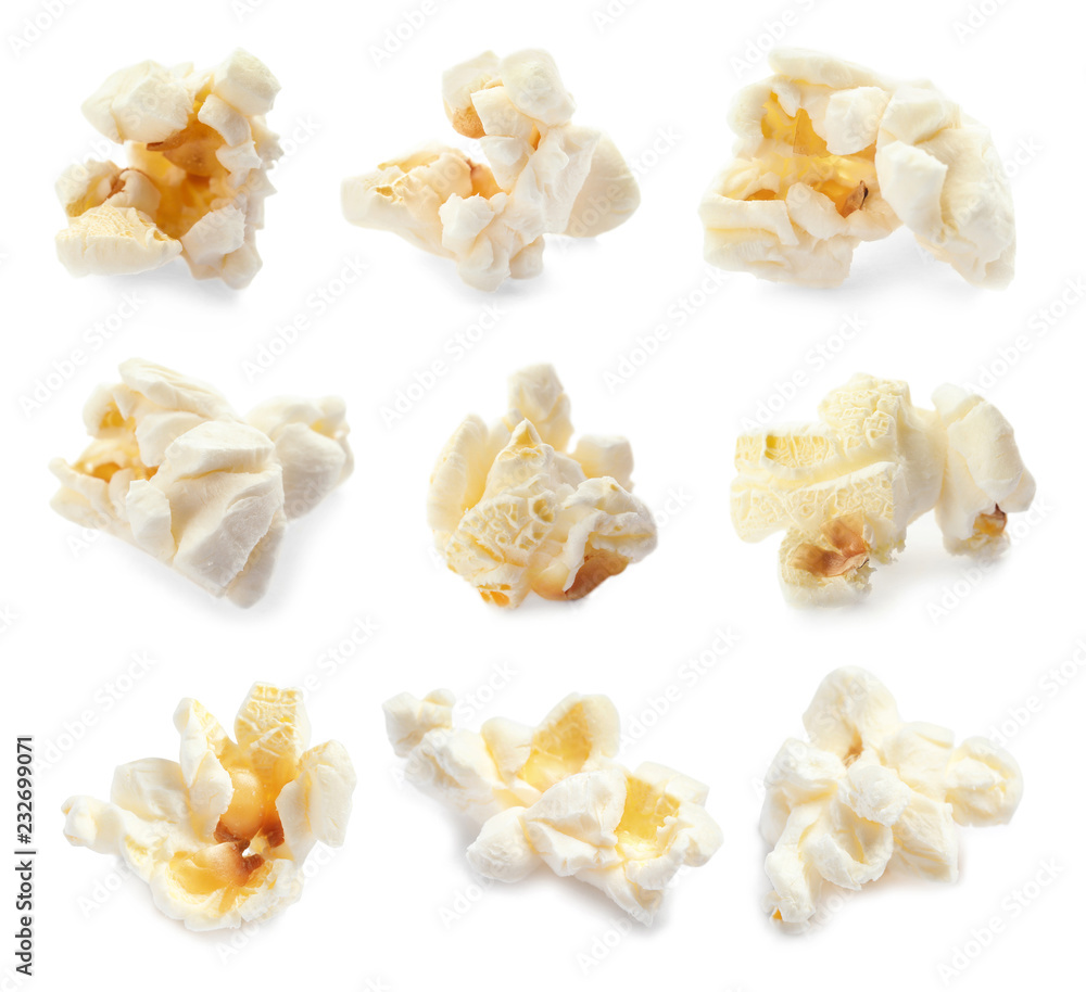 Set with tasty popcorn on white background Set with tasty popcorn on white background