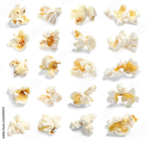 Set with tasty popcorn on white background