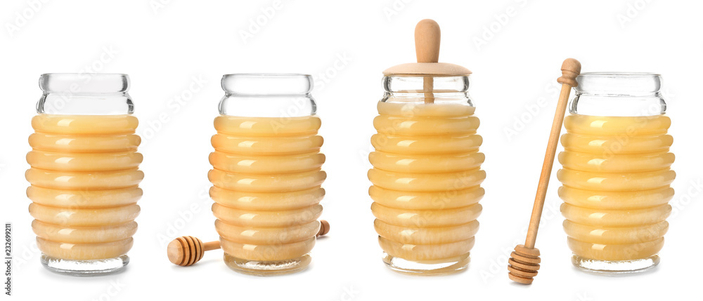 Set with jars of sweet honey on white background