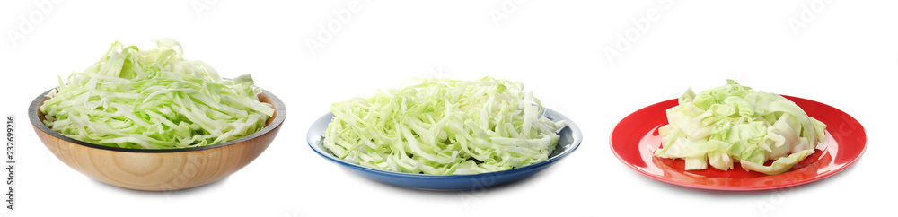 Plates with cut cabbage on white background Plates with cut cabbage on white background