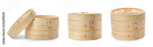 Set with bamboo steamer on white background