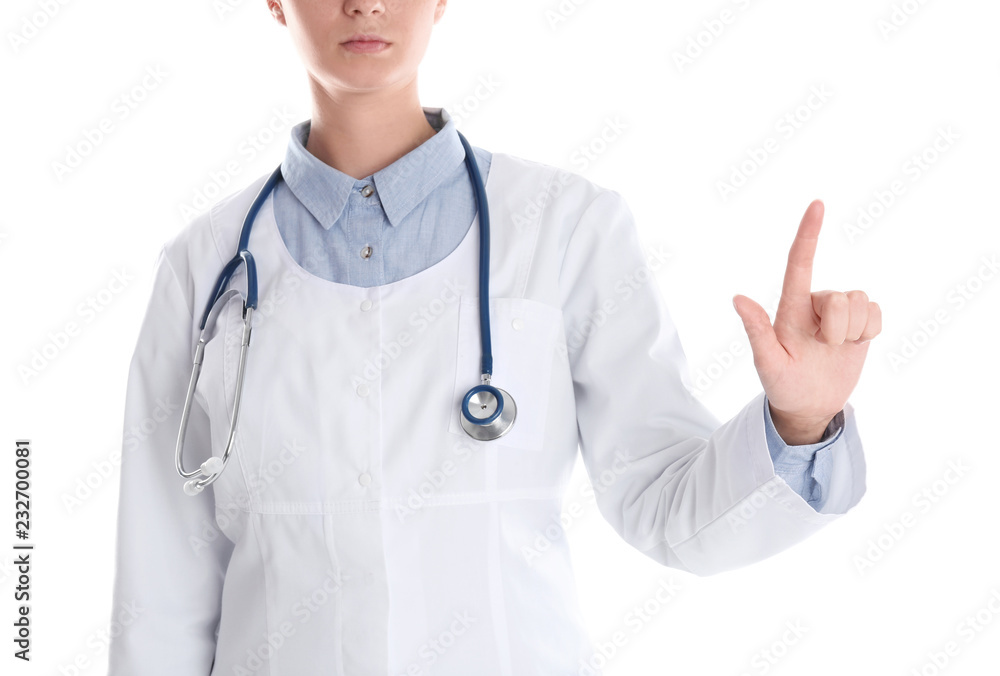 Female doctor pointing on white background, closeup Female doctor pointing on white background, closeup