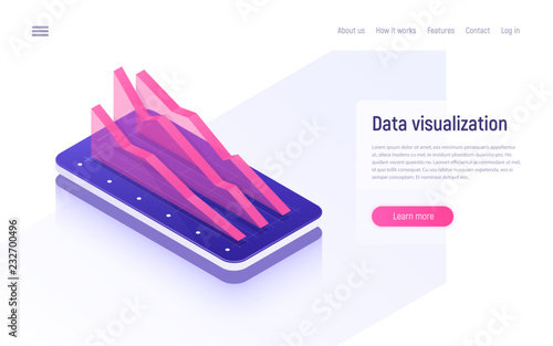 Online analytics, data analysis and visualization isometric concept