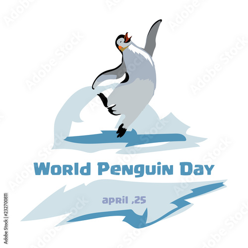 World penguin day. Jumping penguin on a blue background. iceberg background.