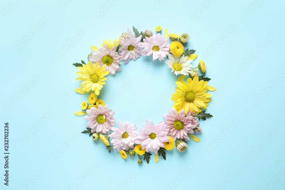 Beautiful chamomile flowers on color background, flat lay with space for text